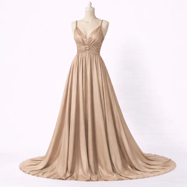صورة فستان سهرة ذهبي بلمعة ميتاليك وتصميم صدر (Guess)