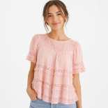 صورة بلوزة شيفون وردية ناعمة بطبقات مكشكشة(GUESS)